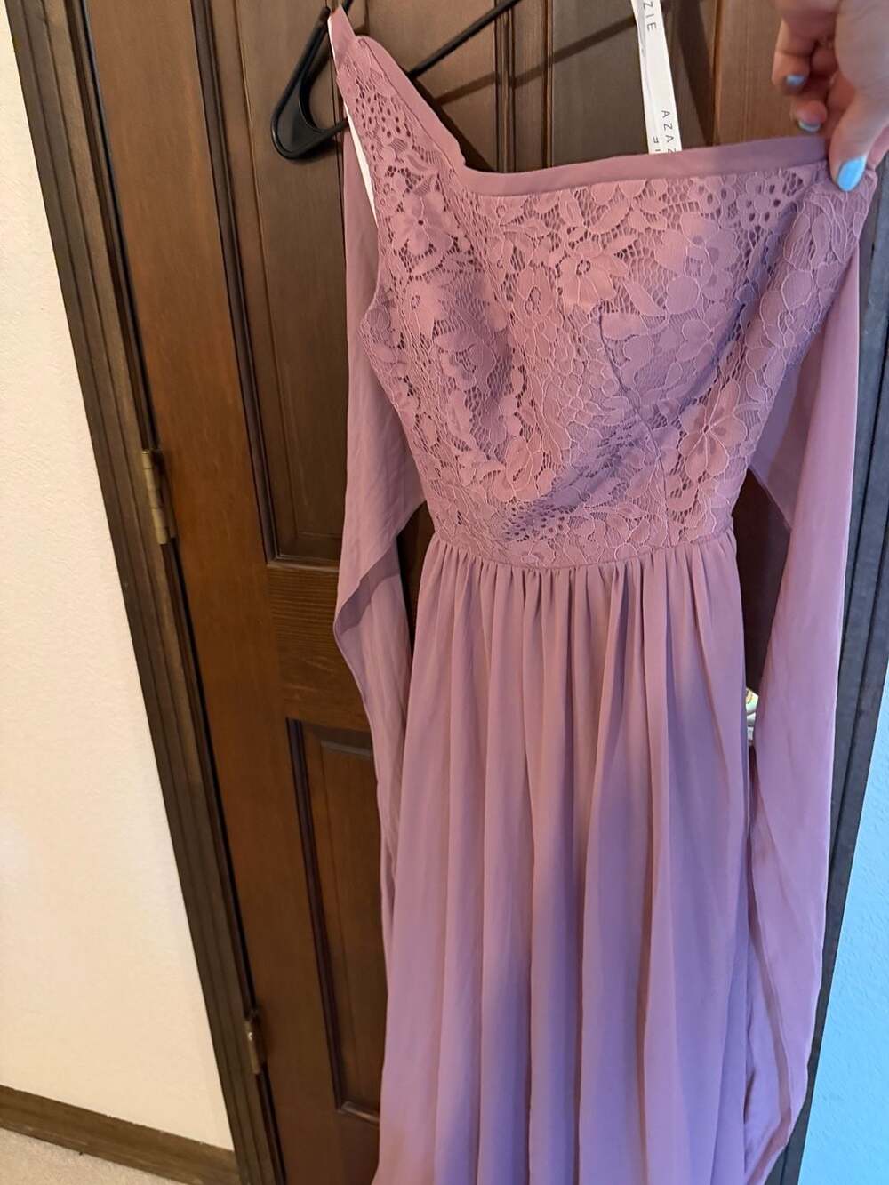Azazie Crosby One-Shoulder Lace and Chiffon Bridesmaid Dress in Vintage Mauve Sz